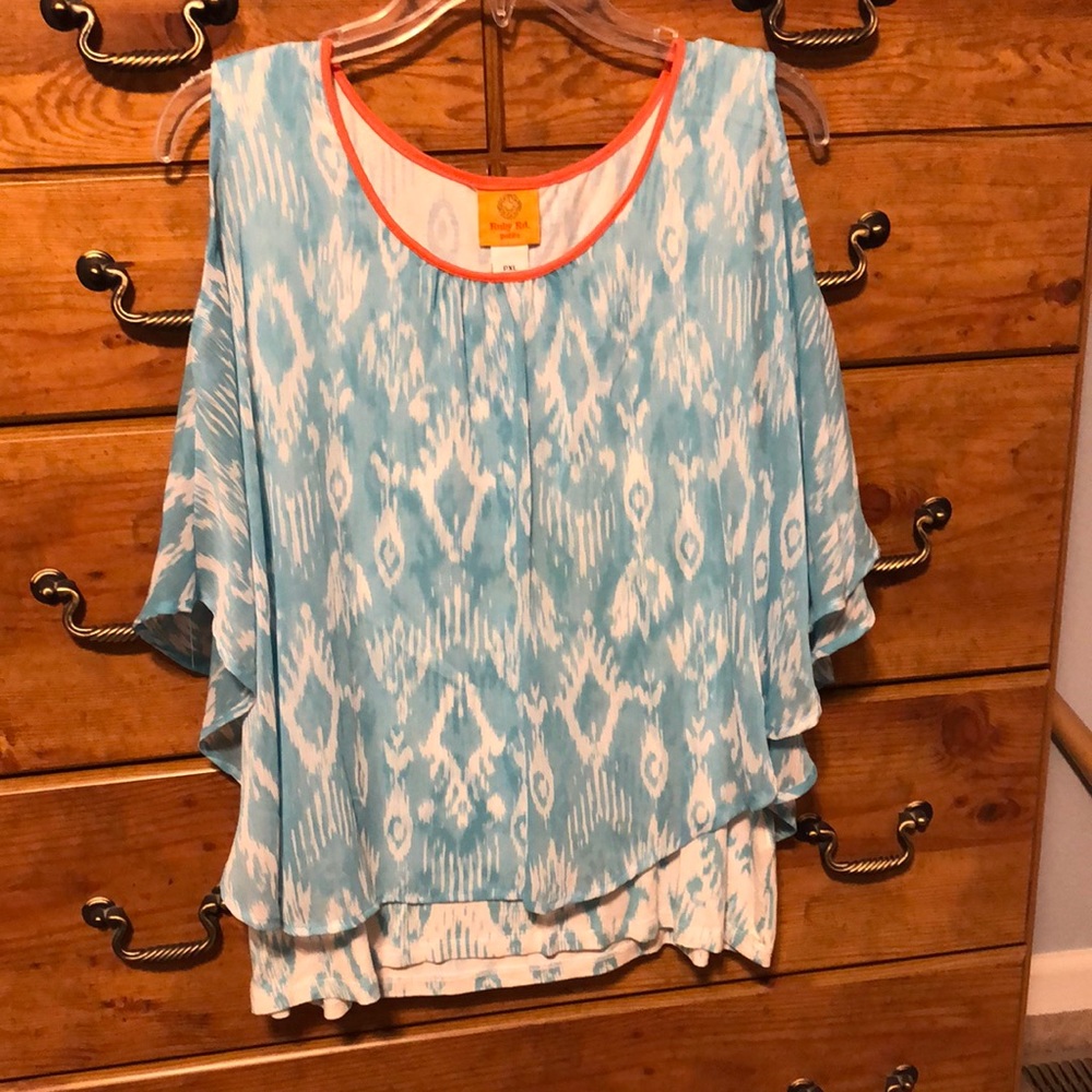 Ruby Rd petite XL tank with attached overlay cold shoulder cape.